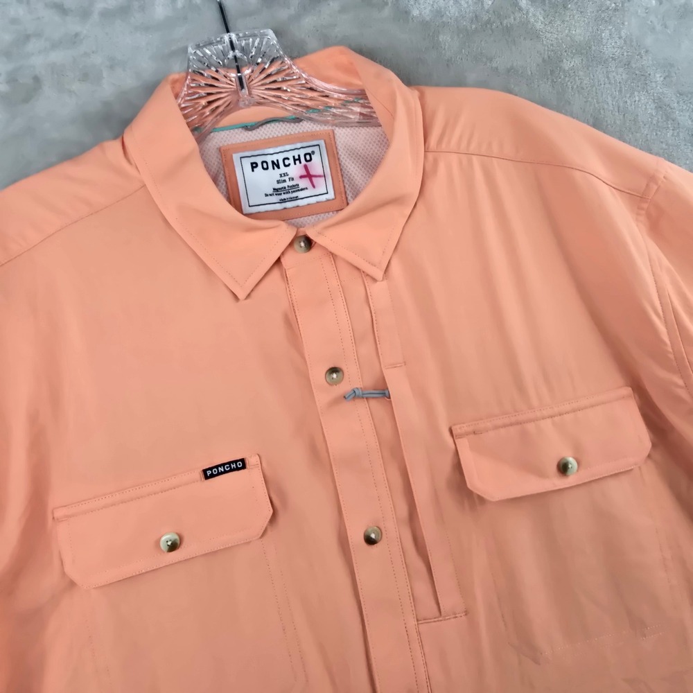 Poncho Fishing Shirt Mens XXL Peach Slim Fit Short Sleeve Magnetic Pockets